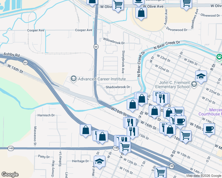 map of restaurants, bars, coffee shops, grocery stores, and more near 1958 Shadowbrook Drive in Merced