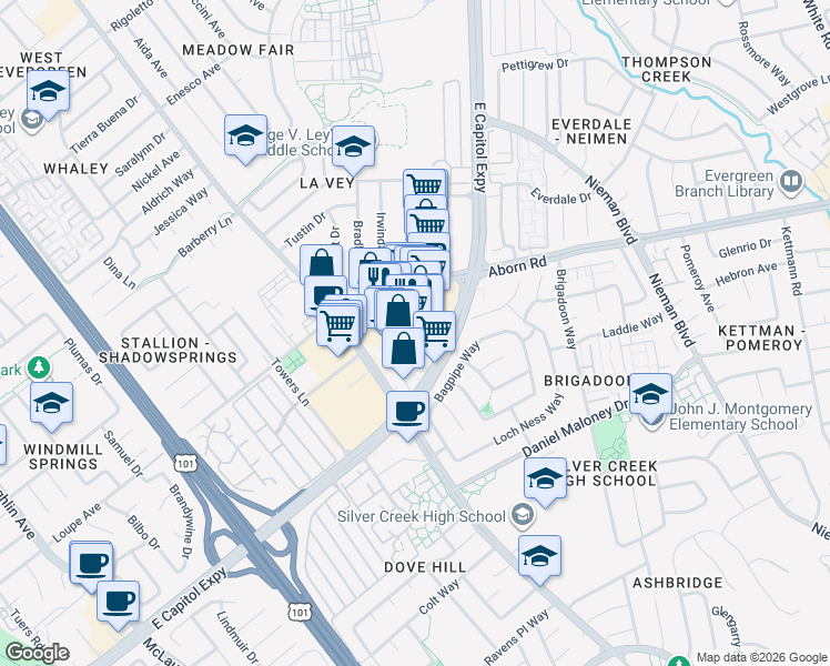 map of restaurants, bars, coffee shops, grocery stores, and more near 1773 East Capitol Expressway in San Jose