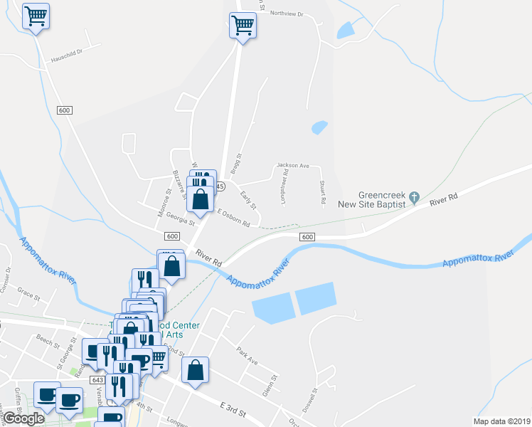 map of restaurants, bars, coffee shops, grocery stores, and more near 812 Early Street in Farmville