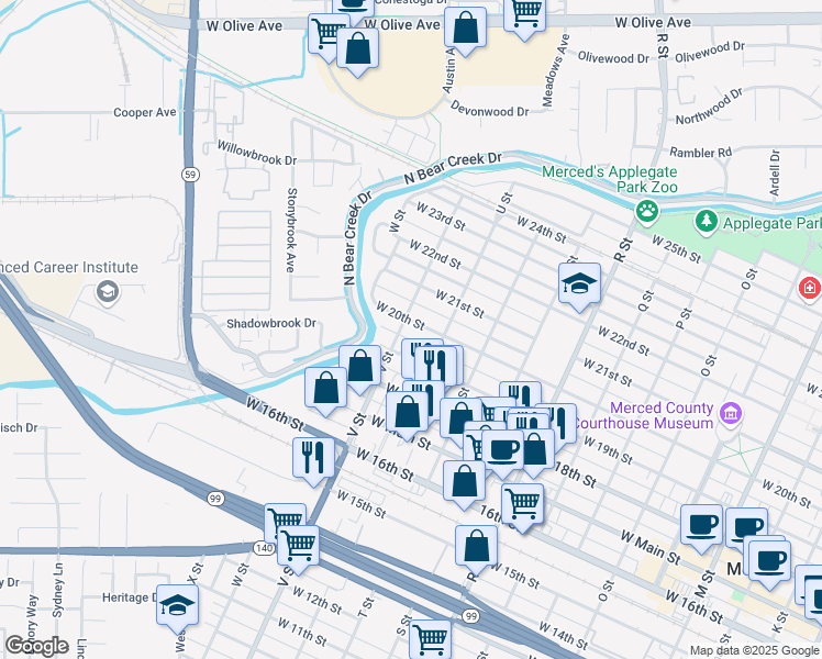 map of restaurants, bars, coffee shops, grocery stores, and more near 1454 West 20th Street in Merced