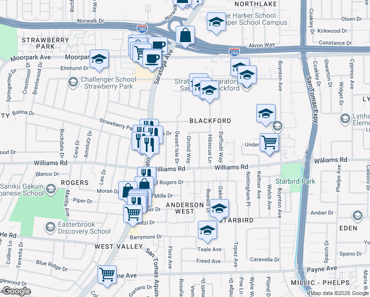 map of restaurants, bars, coffee shops, grocery stores, and more near 947 Orchid Way in San Jose