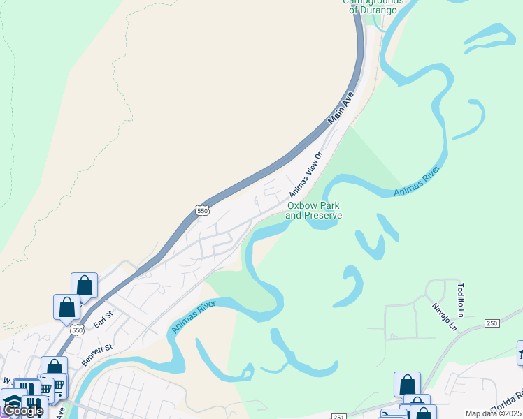 map of restaurants, bars, coffee shops, grocery stores, and more near 457 Animas View Drive in Durango