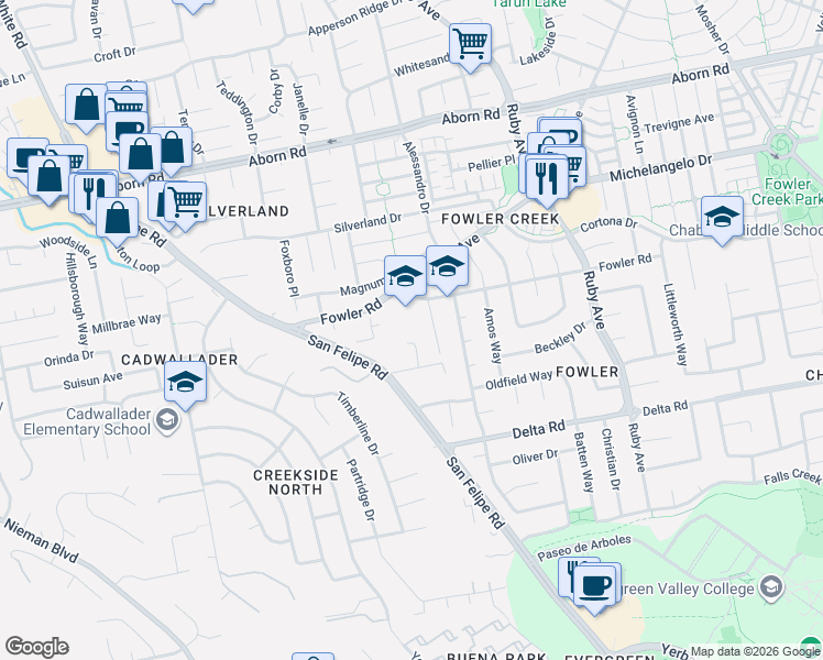 map of restaurants, bars, coffee shops, grocery stores, and more near 4073 Filan Way in San Jose