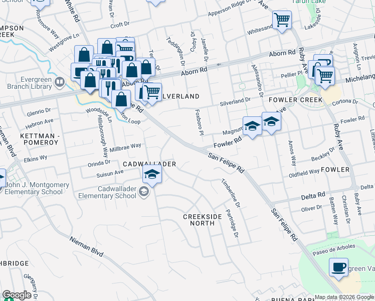 map of restaurants, bars, coffee shops, grocery stores, and more near 3629 San Felipe Road in San Jose