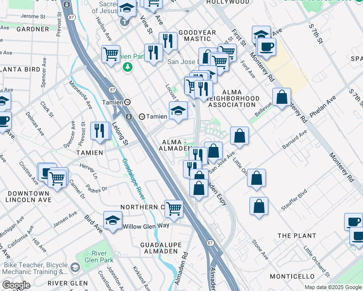 map of restaurants, bars, coffee shops, grocery stores, and more near 877 Three Creeks Trail in San Jose