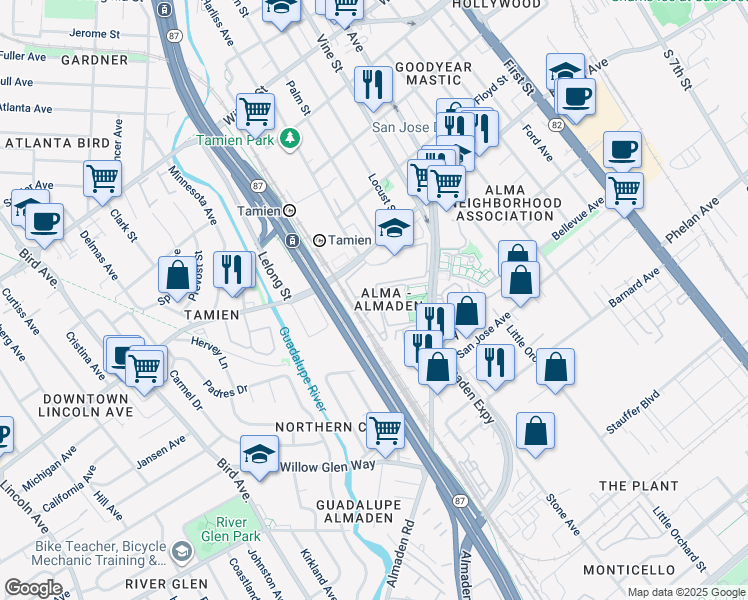 map of restaurants, bars, coffee shops, grocery stores, and more near in San Jose