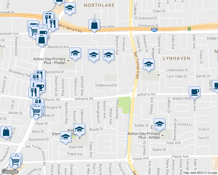 map of restaurants, bars, coffee shops, grocery stores, and more near 3712 Underwood Drive in San Jose