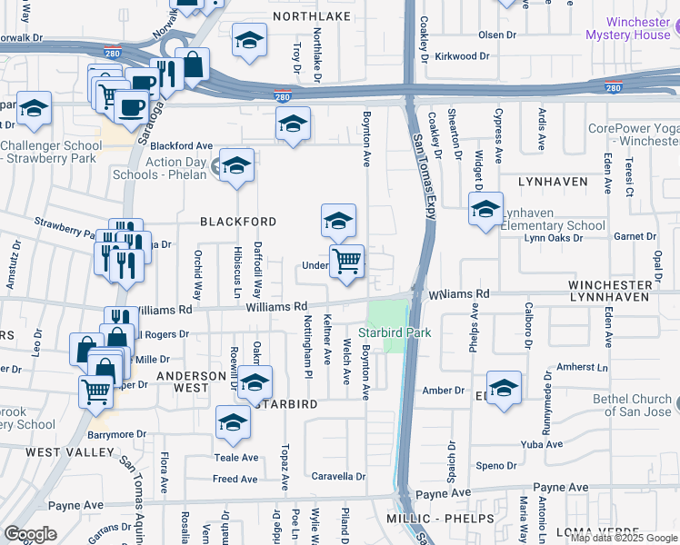map of restaurants, bars, coffee shops, grocery stores, and more near 3776 Underwood Drive in San Jose