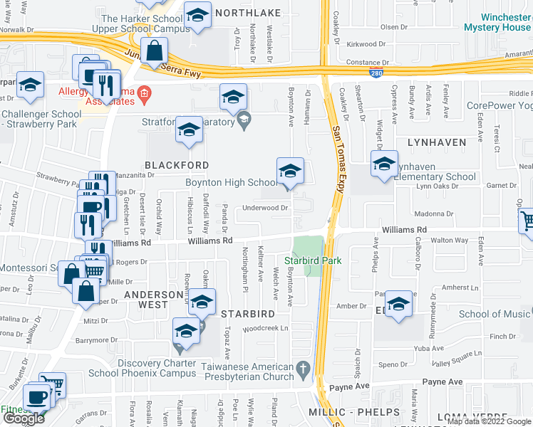 map of restaurants, bars, coffee shops, grocery stores, and more near 3813 Barker Drive in San Jose