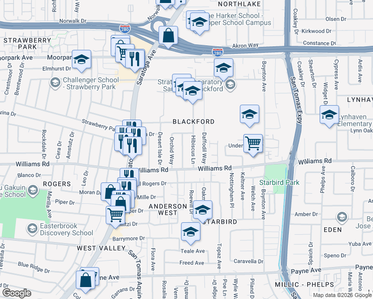 map of restaurants, bars, coffee shops, grocery stores, and more near 957 Hibiscus Lane in San Jose