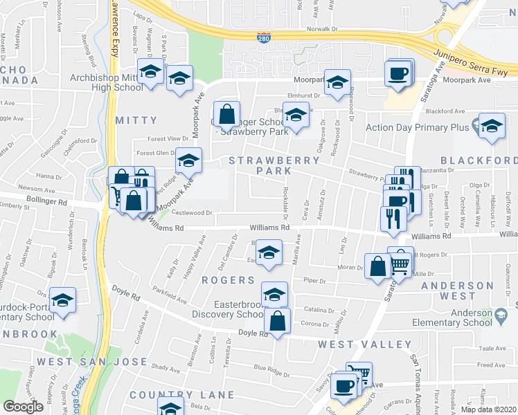 map of restaurants, bars, coffee shops, grocery stores, and more near 4701 Castlewood Drive in San Jose