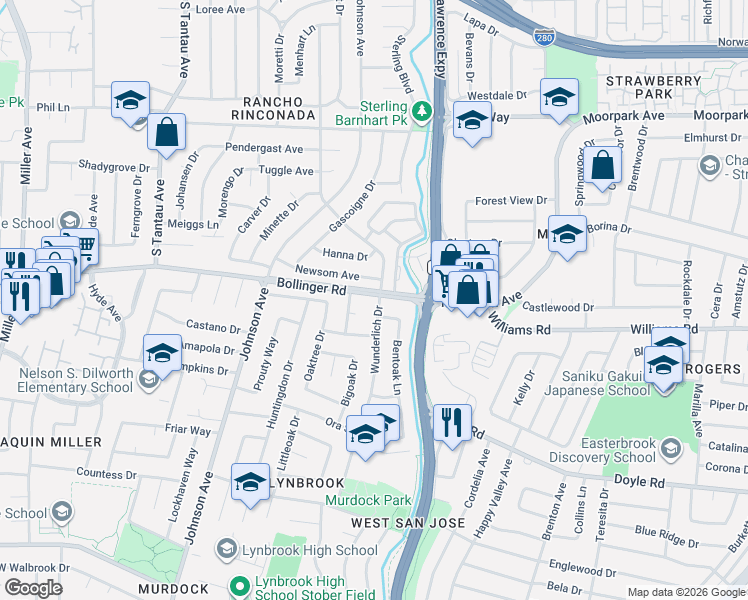 map of restaurants, bars, coffee shops, grocery stores, and more near 5498 Bollinger Road in San Jose