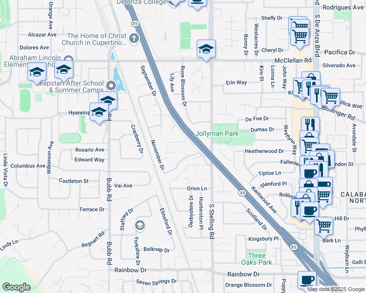 map of restaurants, bars, coffee shops, grocery stores, and more near 7816 Creekline Drive in Cupertino