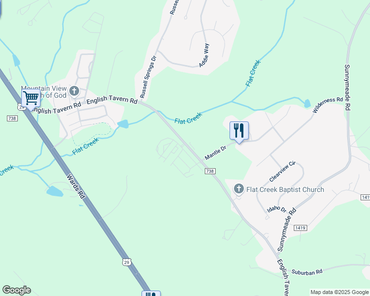 map of restaurants, bars, coffee shops, grocery stores, and more near 1971 English Tavern Road in Lynchburg