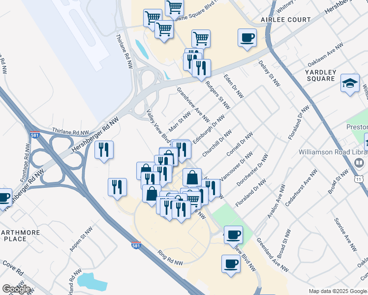 map of restaurants, bars, coffee shops, grocery stores, and more near 2408 Edinburgh Drive Northwest in Roanoke