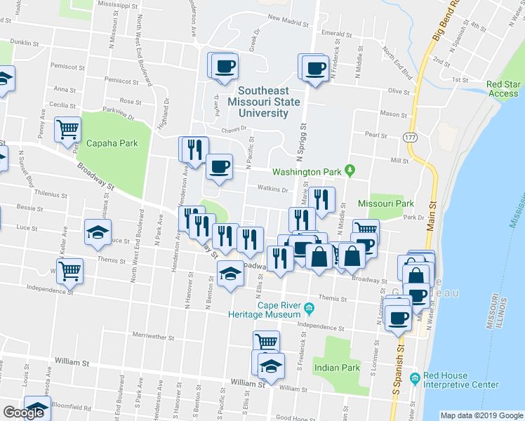 map of restaurants, bars, coffee shops, grocery stores, and more near 344 North Ellis Street in Cape Girardeau