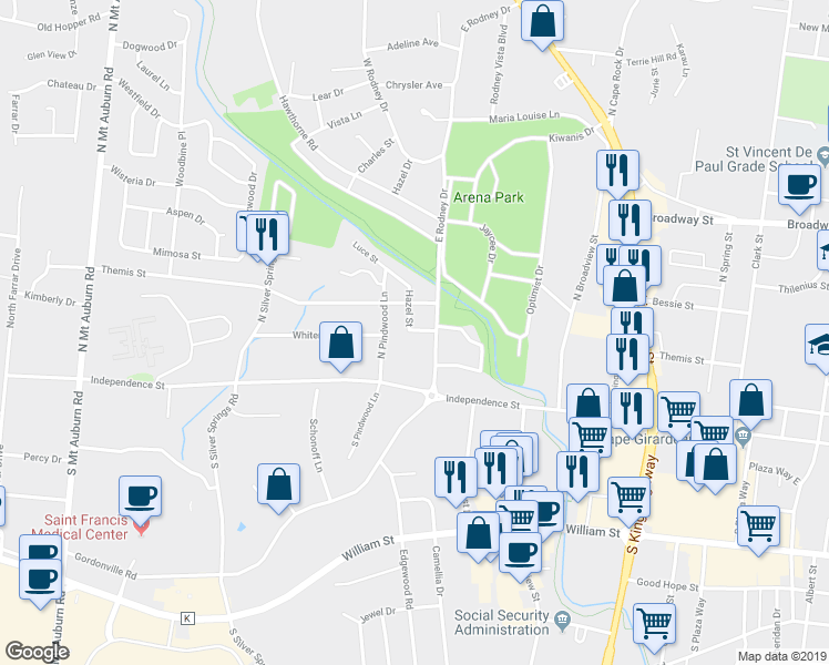 map of restaurants, bars, coffee shops, grocery stores, and more near 8 Hazel Street in Cape Girardeau