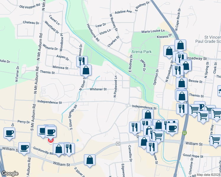 map of restaurants, bars, coffee shops, grocery stores, and more near 2825 Whitener Street in Cape Girardeau