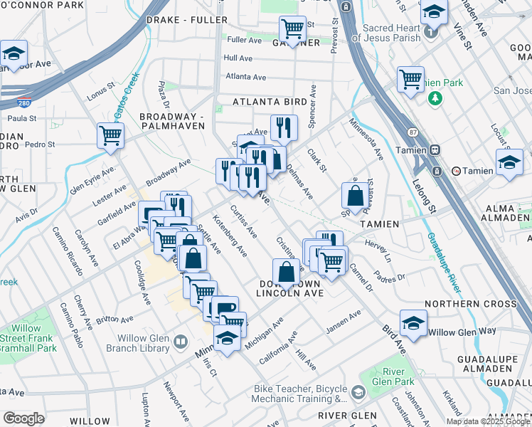 map of restaurants, bars, coffee shops, grocery stores, and more near 1183 Bird Avenue in San Jose