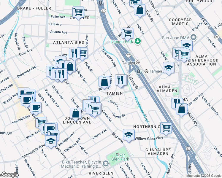 map of restaurants, bars, coffee shops, grocery stores, and more near 1374 Prevost Street in San Jose