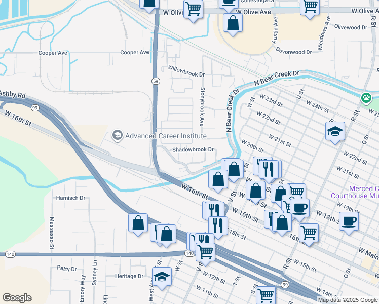 map of restaurants, bars, coffee shops, grocery stores, and more near 1932 Shadowbrook Drive in Merced