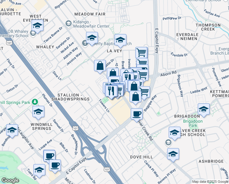 map of restaurants, bars, coffee shops, grocery stores, and more near 3005 Silver Creek Road in San Jose