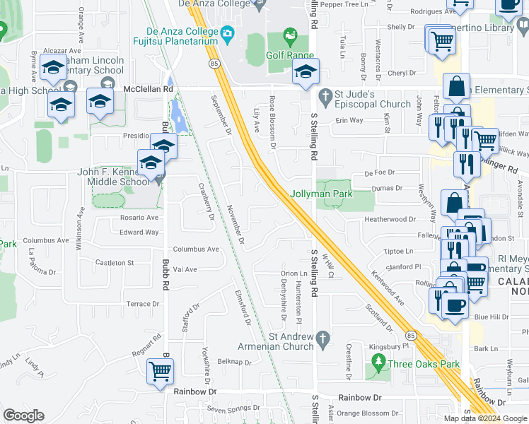 map of restaurants, bars, coffee shops, grocery stores, and more near 7816 Creekline Drive in Cupertino