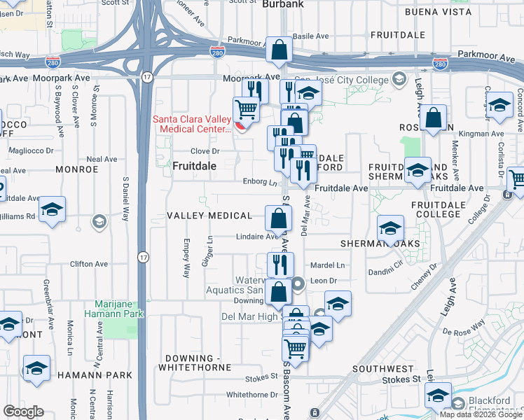 map of restaurants, bars, coffee shops, grocery stores, and more near 2261 Maywood Avenue in San Jose