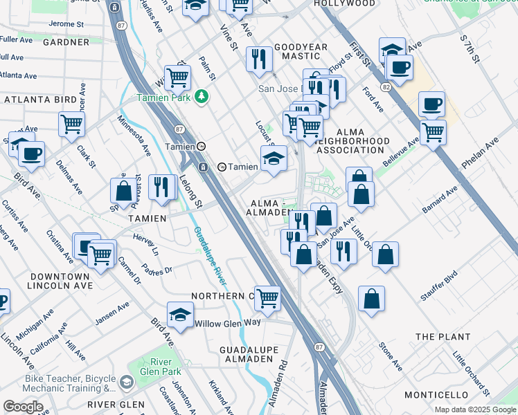 map of restaurants, bars, coffee shops, grocery stores, and more near in San Jose