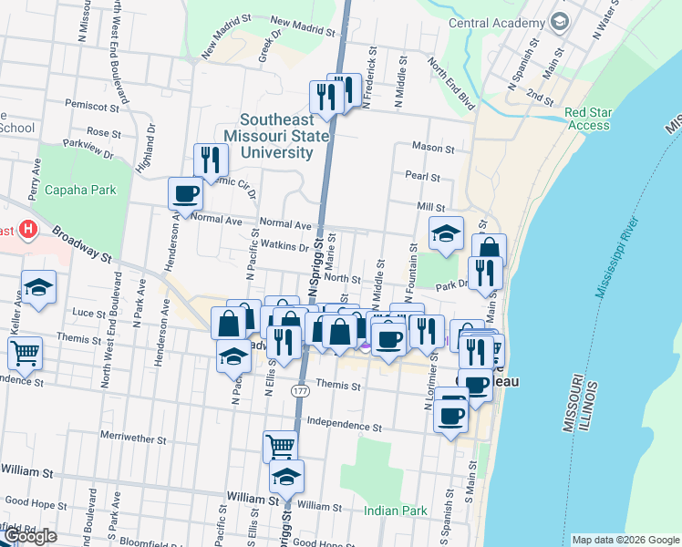 map of restaurants, bars, coffee shops, grocery stores, and more near 402 North Street in Cape Girardeau