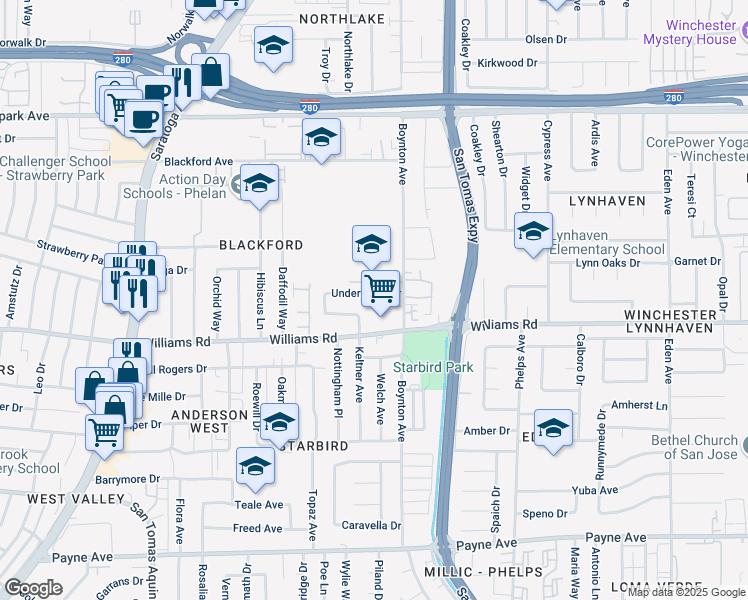 map of restaurants, bars, coffee shops, grocery stores, and more near 3712 Underwood Drive in San Jose