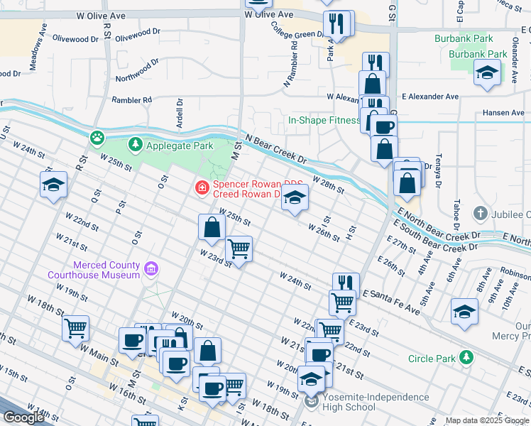 map of restaurants, bars, coffee shops, grocery stores, and more near 2527 K Street in Merced