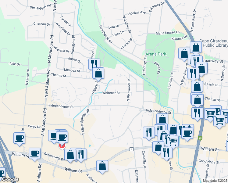 map of restaurants, bars, coffee shops, grocery stores, and more near 2825 Whitener Street in Cape Girardeau