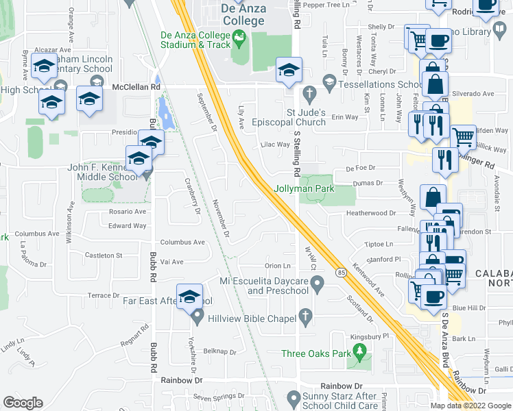 map of restaurants, bars, coffee shops, grocery stores, and more near 7816 Creekline Drive in Cupertino