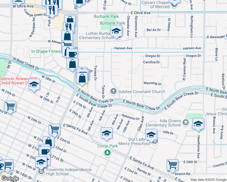 map of restaurants, bars, coffee shops, grocery stores, and more near 566 Joan Court in Merced