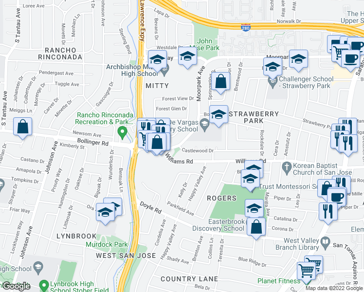 map of restaurants, bars, coffee shops, grocery stores, and more near 5098 Moorpark Avenue in San Jose