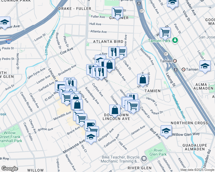 map of restaurants, bars, coffee shops, grocery stores, and more near 1183 Bird Avenue in San Jose