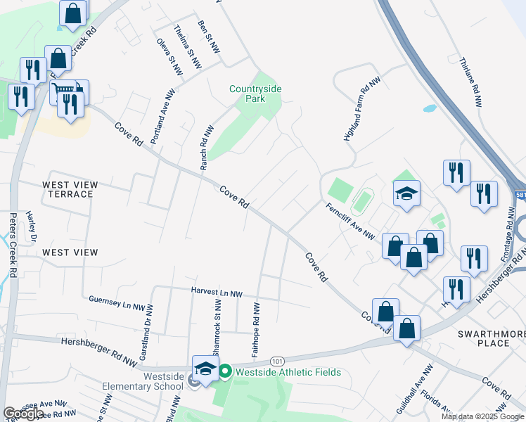 map of restaurants, bars, coffee shops, grocery stores, and more near 3816 Cove Road Northwest in Roanoke