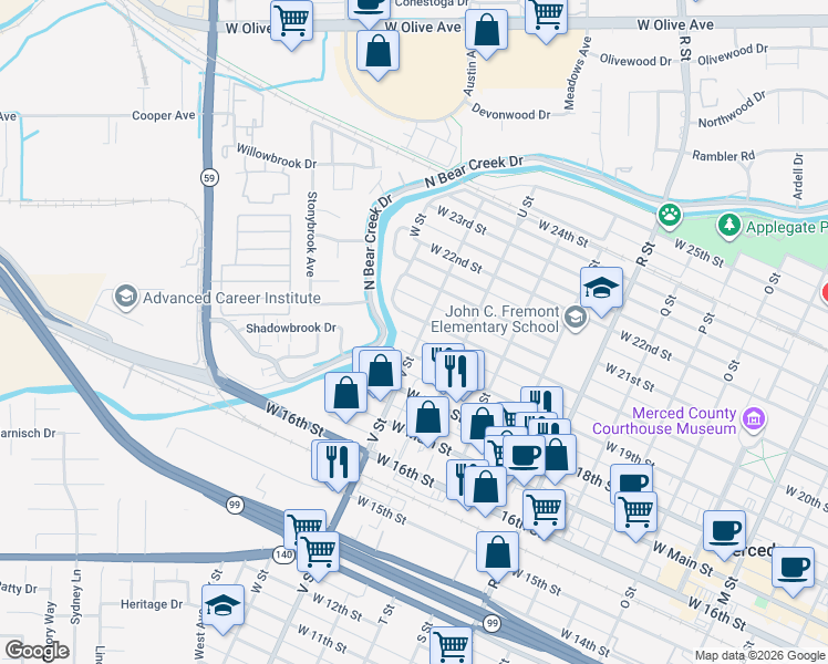 map of restaurants, bars, coffee shops, grocery stores, and more near 1454 West 20th Street in Merced