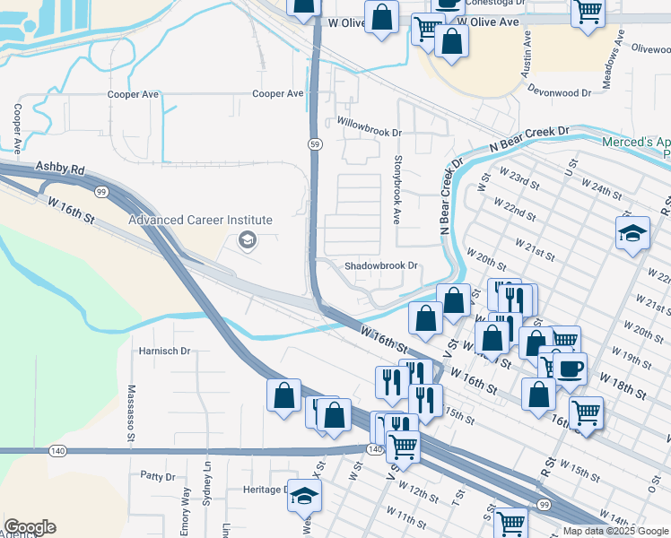 map of restaurants, bars, coffee shops, grocery stores, and more near 1824 West North Bear Creek Drive in Merced