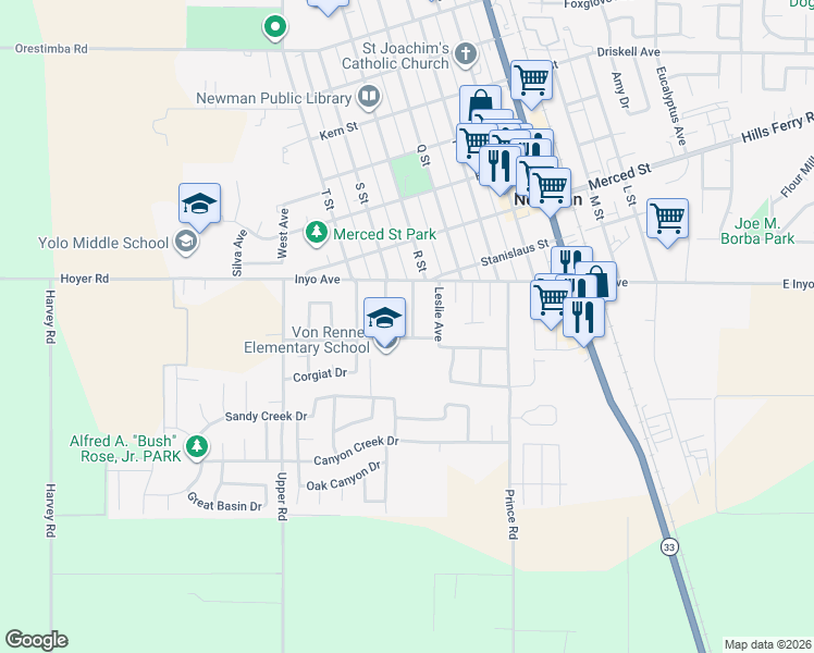 map of restaurants, bars, coffee shops, grocery stores, and more near 1967 Sydney Avenue in Newman