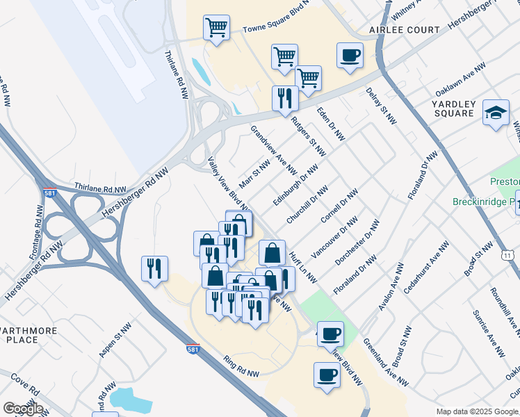 map of restaurants, bars, coffee shops, grocery stores, and more near 2408 Edinburgh Drive Northwest in Roanoke
