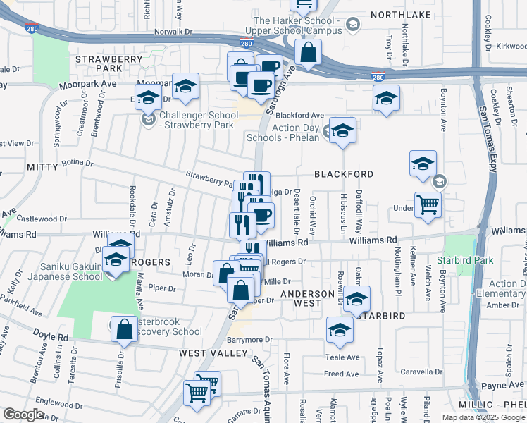 map of restaurants, bars, coffee shops, grocery stores, and more near 920 Saratoga Avenue in San Jose