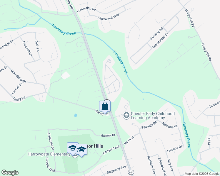 map of restaurants, bars, coffee shops, grocery stores, and more near 15203 Broadwater Court in Chester
