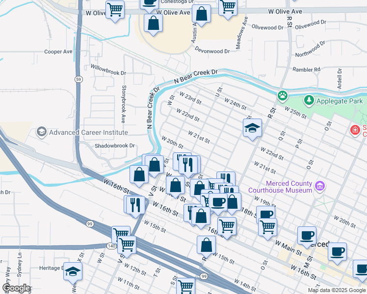 map of restaurants, bars, coffee shops, grocery stores, and more near 1454 West 20th Street in Merced