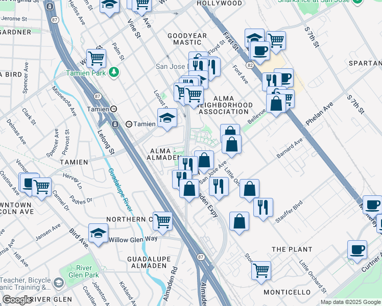 map of restaurants, bars, coffee shops, grocery stores, and more near 1515 La Rossa Circle in San Jose