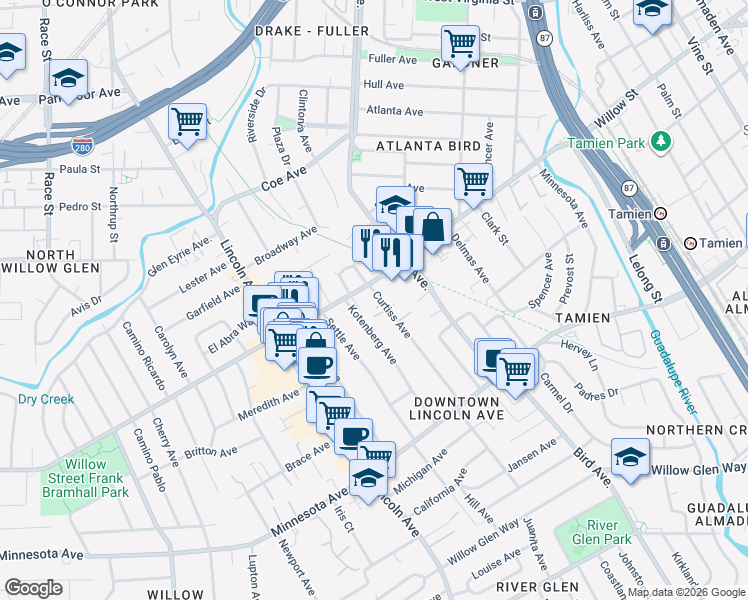 map of restaurants, bars, coffee shops, grocery stores, and more near 940 Willow Street in San Jose
