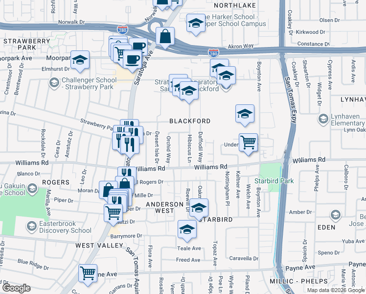 map of restaurants, bars, coffee shops, grocery stores, and more near 957 Hibiscus Lane in San Jose