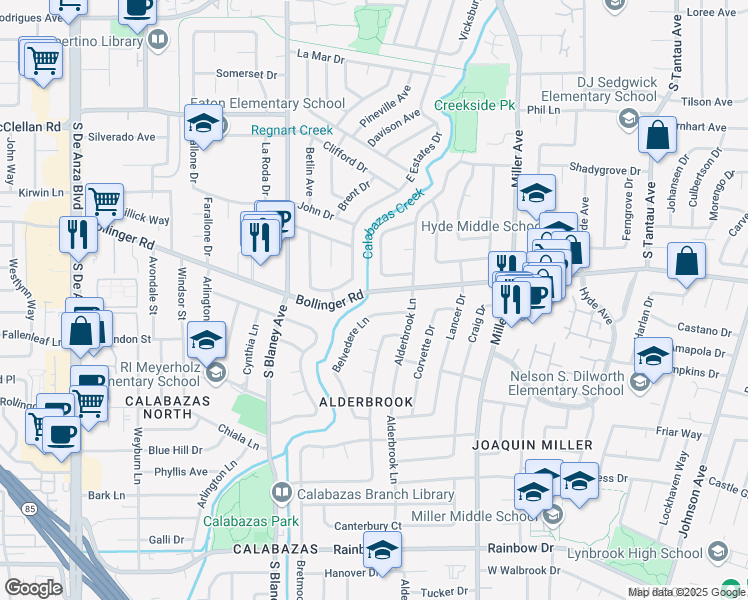 map of restaurants, bars, coffee shops, grocery stores, and more near 1023 Belvedere Lane in San Jose