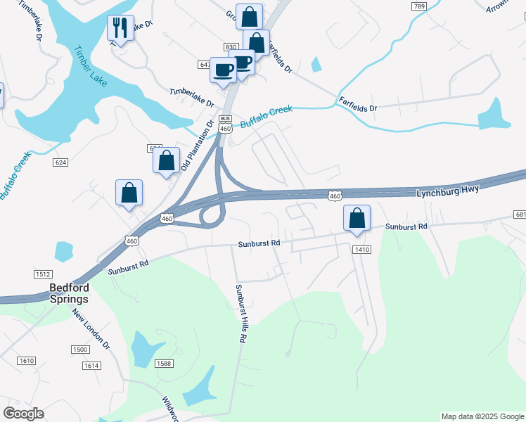 map of restaurants, bars, coffee shops, grocery stores, and more near 2035 Sunburst Road in Evington